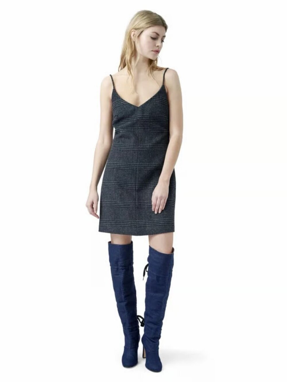 Ganni "Woodside" Wool-Blend Argyle Plaid Slip Dress - Ebony Melange 36 (US S)